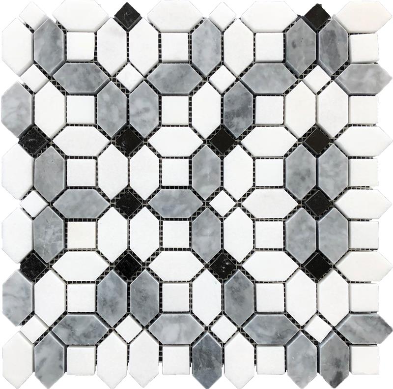 Thassos White, Carrara Grey and Black Dot Flower Design Marble Mosaic