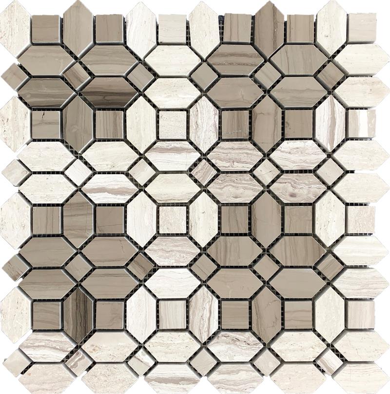 Wooden White and Athens Grey Flower Design Marble Mosaic